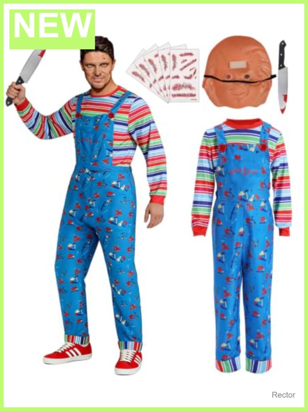 Creepy Doll Halloween Costume Set Men Horror Cosplay Outfit Mask Knife Tattoos